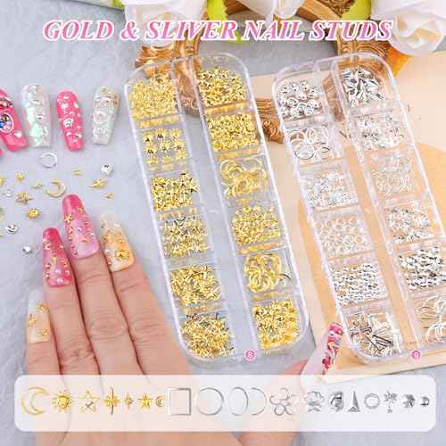 12 Boxes Nail Gems and Charms, Gold Charms for Nails Rhinestones Kit with 30 Sheets Nail Art Stickers Crystals Flatback Pearls Nail Decals Fruit Nail Charms Pearls for Nails Design DIY Accessories