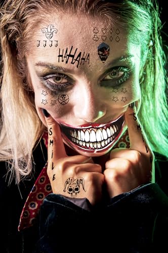 Clown Prince Temporary Tattoos – 5 Large Sheets Evil Smile & Jester Design