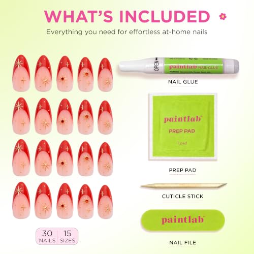 PaintLab Celestial Red French Tip Press On Nails - Medium Almond, 30-Piece Kit