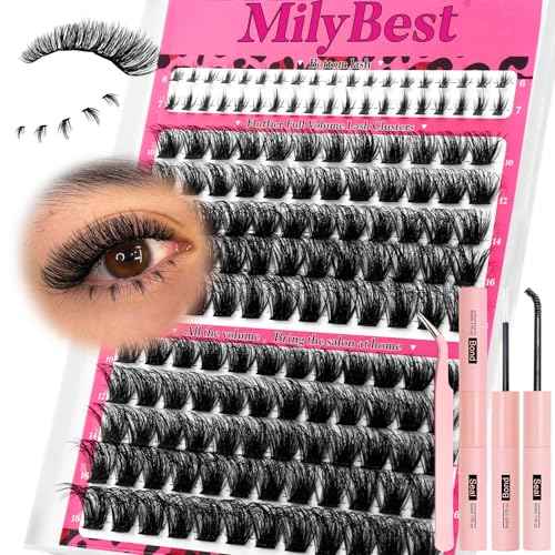 MilyBest Fluffy Lash Clusters Kit Volume Eyelash Clusters with Bottom Lashes 10-18mm Individual Lashes Clusters Manga Lash Extension Kit Waterproof Bond and Seal Thick Full D-Curly Eyelashes, Fable