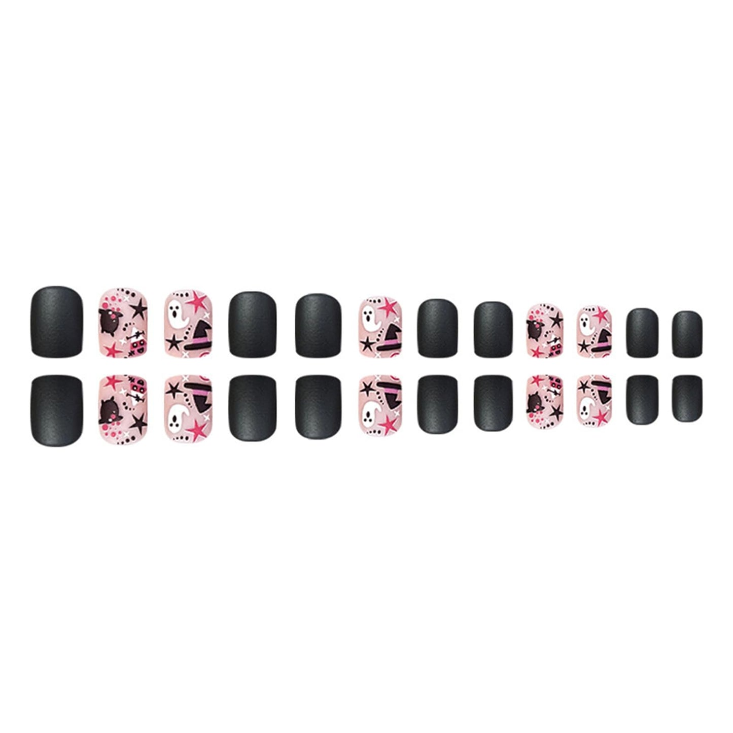 Halloween Press on Nails Short Square Fake Nails Full Cover False Nails with Designs Cute Ghost Star Halloween Pattern Acrylic Nails Matte Black Glue on Nails for Women and Girls Halloween Manicure