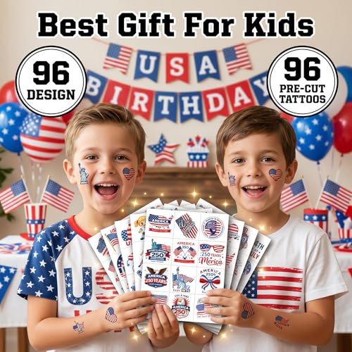 96 PCS USA Patriotic Temporary Tattoos for Kids | Fourth of July