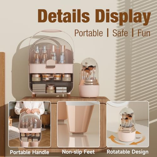 Makeup Organizer Countertop & 360¡Æ Rotating Makeup Brush Holder, Skincare Holder with Lid and Drawers, Storage Box Cosmetic Display Cases, Teen Girl Gifts, Vanity, Bathroom Counter, Pink