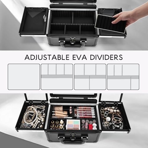 Makeup Case With LED Lighted Mirror 11.2 Inch Travel Makeup Train Case Adjustable Brightness in 3 Colors Cosmetic Organizer Artist Storage Box 2 Trays with Dividers Hard Make Up Vanity Black