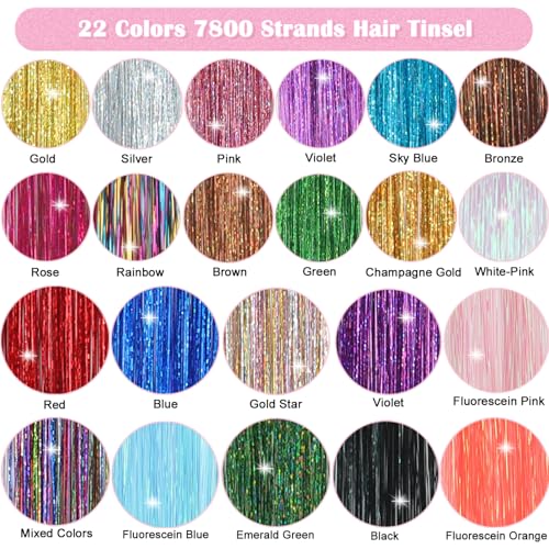22 Colors Hair Tinsel Kit, 7800 Strands 48 Inch Glitter Tinsel Hair Extensions with Tools, Heat Resistant Sparkling Fairy Hair Accessories for Girls, Kids, Women Christmas Cosplay Party