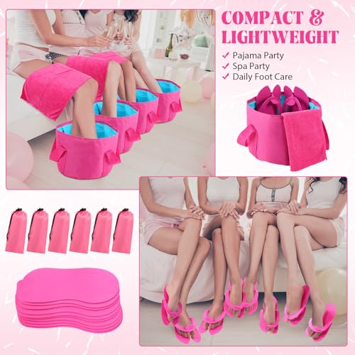 6 Sets Rose Red Foldable Foot Bath Kit 15L Collapsible Foot Soaking Tub Bathroom Towels Women Adult Foldable Slippers with Storage Bag Spa Soak Pedicure Bath for Travel Camping