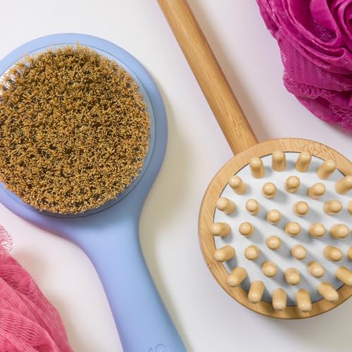 Bliss 2-in-1 Wooden Shower Brush for Back and Body, Exfoliating Dry Brush Bristles with Massaging Nubs for Sore Muscles, Use Wet or Dry