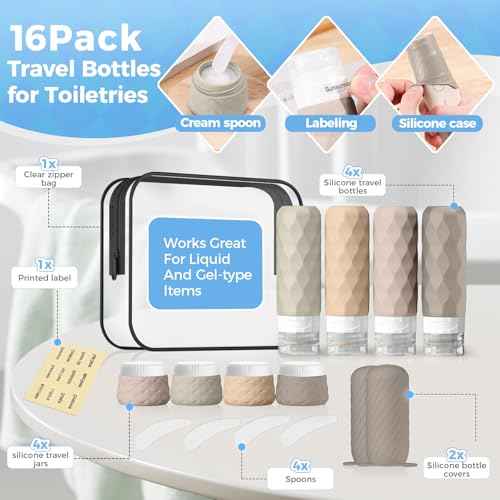 16Pack Travel Bottles for Toiletries, TSA Approved Travel Size Toiletries Containers Set, Silicone Leak Proof Refillable Bottles Elastic Sleeves Creams Jars Accessories Kit W/Clear Bag (Cream)