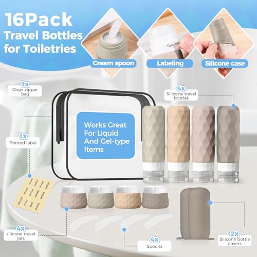 Silevoler Cream Travel Bottles Set - 16pcs TSA-Approved Silicone Toiletry Containers