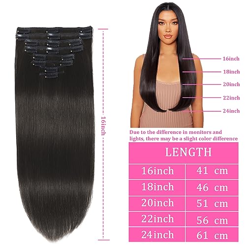 Clip in Hair Extensions Real Human Hair Clip ins Remy Human Hair Clip in Extensions Black Women Invisible Natural Straight Seamless Clip on Hair Extensions 8pcs Double Weft #1B 16 Inch 2.8oz/80g