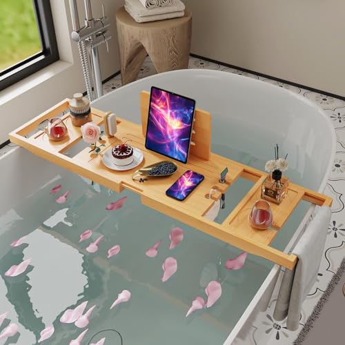 Bamboo Bathtub Caddy Tray – Expandable, Waterproof Bath Organizer