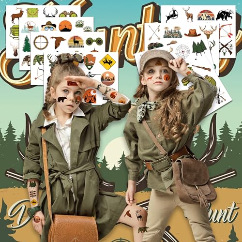 8 Sheets (96PCS) Hunting Tattoos Birthday Party Decorations Supplies Tattoos Stickers Cute Party Favors for Kids Boys Girls Gifts Classroom School Theme Prizes Rewards