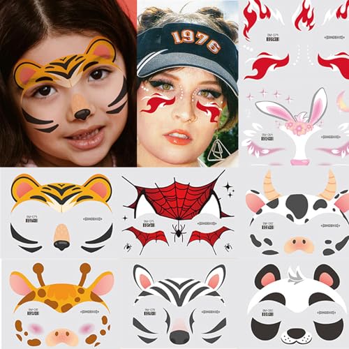 Animal Face Temporary Tattoos - 8 Sheets Halloween Stickers