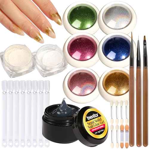 Teenitor Chrome Nail Powder With 3D Gel, Gold and White Pearl Finish - Nail Art Tools and Supplies