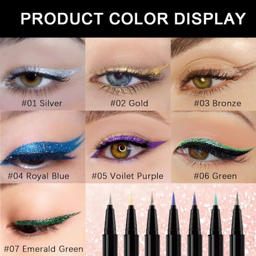 Green Metallic Glitter Liquid Eyeliner Pen ? Long-Lasting Sparkly Waterproof Eyeliner for Women & Men ? Tattoo-Effect Eye Makeup for Parties ? Delineador L?quido con Brillo 06