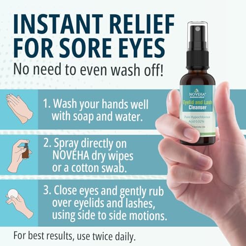 NOVEHA Eyelid Cleanser | Stye Eye Treatment | Eye Lid Cleaning | Dry Eye Relief | Fast Acting Soothing Eyelid Cleansing Formula | Pure and Gentle Lash Hypochlorous Acid Eyelid Spray (1oz - 3 Pack)