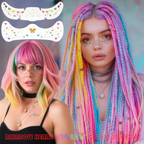 12-Sheet Pride Freckles Face Tattoos - Rainbow Heart & Butterfly