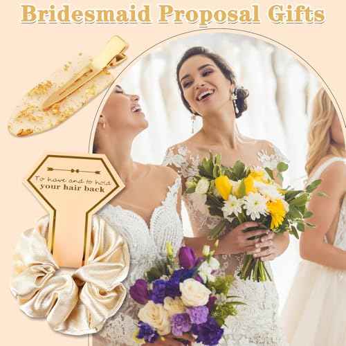 Zkptops 24Pcs Bridesmaid Proposal Gifts Bulk Cute Golden Glitter Hair Clips Soft Silk Satin Scrunchies Set for Bridal Wedding Bachelorette Party Favors Gift Bridesmaid Hair Accessories for Women Girls