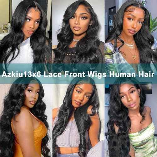 Azkiu 13x6 Lace Front Wigs Human Hair 200 Density Body Wave Lace Front Wigs Human Brazilian Natural Black HD Lace Frontal Wigs Human Pre Plucked with Baby Hair for Women 22Inch