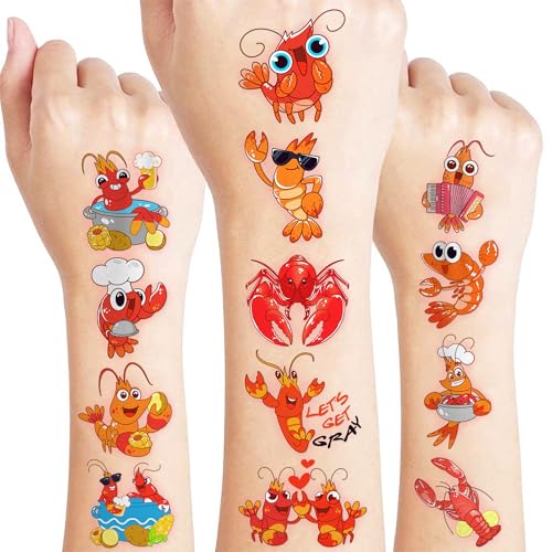 96 PCS Crawfish Boil Pre-Cut Temporary Tattoos for Kids | Super Cute Crawfish Themed Birthday Party Favors, Supplies, Decorations, Ocean Animal Tattoo Stickers, School Rewards & Gifts Boys & Girls