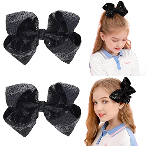 AMYDECOR 6 Inch Royal Blue Sparkly Glitter Sequin Hair Bows for Girls Toddlers Kids Children Teenage (2PCS)