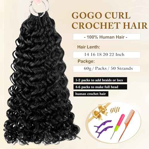 Gogo Curl Human Crochet Hair Knotless Invisible Feather Crochet Human Hair for Black Women 18 Inch Pre Looped Deep curly Wave Hair Extensions Natural Black 120g 100 Strands