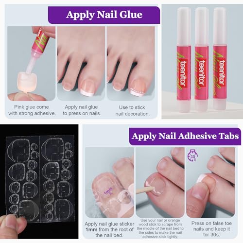 Teenitor Press on Toenails 240pc 15 Sizes French Tip Toe Nails