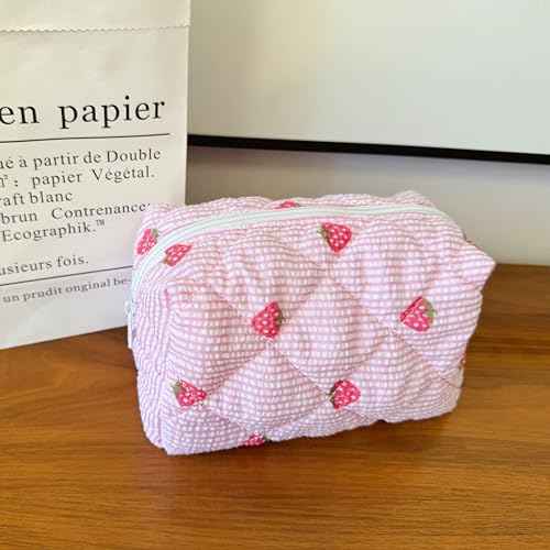 Cotton Quilted Makeup Bag Coquette Accessories Make up Bag Organizer Cute Floral Cosmetic Pouch Travel Makeup Bag for Women strawberry