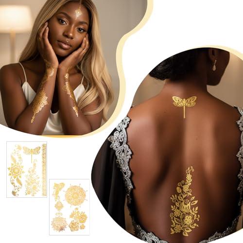 Gold Temporary Tattoo Stickers - 9 Sheet Set for Women