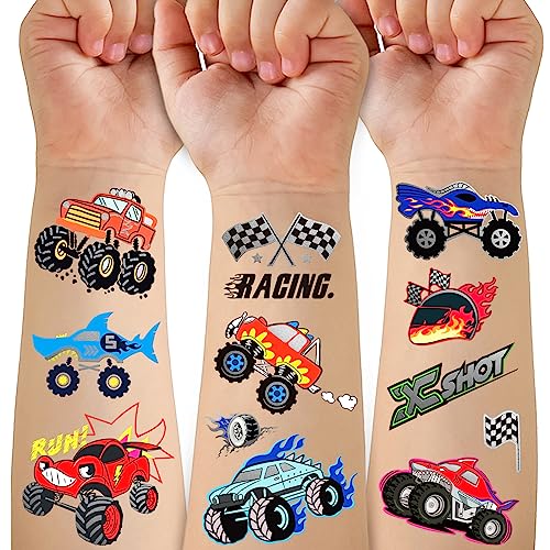 75 PCS Toddler Tattoos Hot Wheels Birthday Decorations Hot Wheels Party Favors, Kids Tattoos Temporary for Boys Monster Truck Racing Car Flag Fake Tattoo Stickers