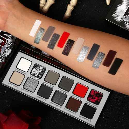 Black Gray Red Goth Makeup Palette, High Pigmented Grey Silver Brown Matte Shimmer Smokey Eyeshadow Palette, 12 Color Long Last Dark Emo Grunge Vampire Eye Shadow for Daily & Halloween Clown,Blendable