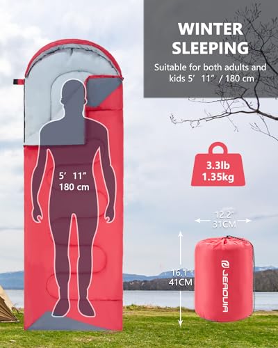 JEAOUIA Sleeping Bags for Adults Backpacking Lightweight Waterproof- Cold Weather Sleeping Bag for Girls Boys Mens for Warm Camping Hiking Outdoor Travel Hunting with Compression Bags（RED）