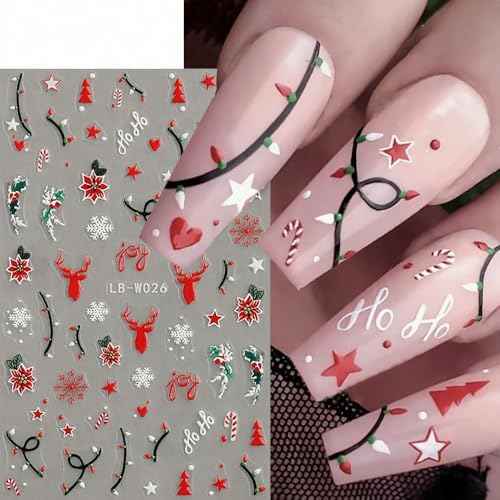 Christmas Nail Art Stickers, 5D Embossed Holly Leaf Nail Decals Green Red Winter Leaf Reindeer Snowflake Design Holiday Nail Art Supplies for Women Girls(4Sheets)