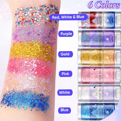 AROIC Patriotic Glitter Stick Set - 6 Pack Red, White & Blue