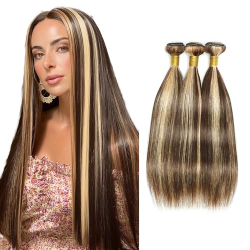 P4/613 Straight Brazilian Remy Hair Bundles Brown Blonde