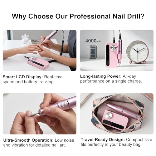 Professional Cordless Electric Nail Drill with Rechargeable Battery - Portable Manicure Kit for Acrylic & Gel Nails (Pink)