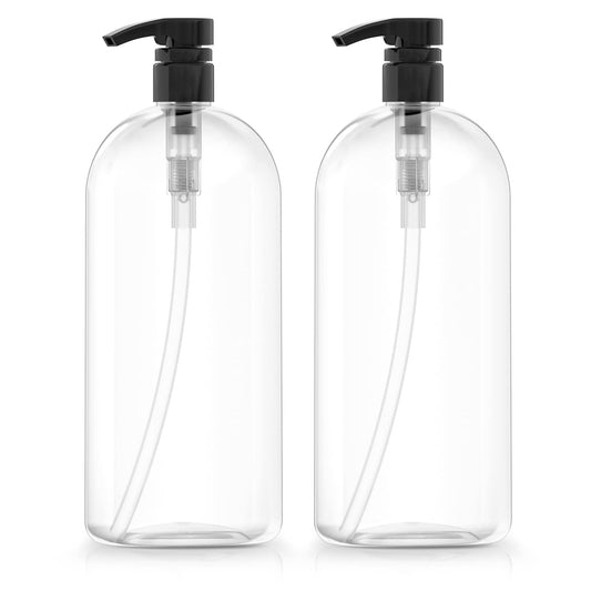 Bar5F Empty Shampoo Bottles with Pumps (2-Pack 32oz/1Liter/Large) BPA-Free PETE1 Plastic Bottle Crystal-Clear