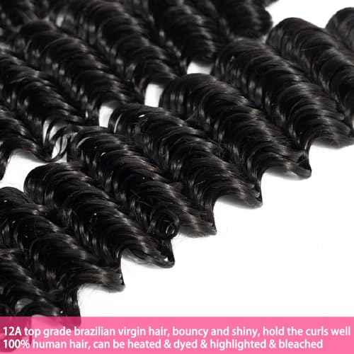 12A Deep Wave Human Hair Bundles 24 26 28 Inch Brazilian Curly 3 Bundles Human Hair 100% Unprocessed Virgin Wet and Wavy Hair Weave 1B Black