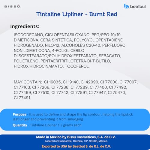 Bissú Tintaline Waterproof Lipliner - 14 Vivid Colors, Creamy Pigmented