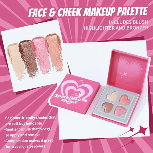 Color Nymph SPARKLE LOVE Palettes - Face & Cheek Makeup Palette?Blush, Bronzer & Highlighter Make Up for Teens Girls Tweens with Gentle & Silky-smooth Formula, Vegan & Talc-free (Pink)