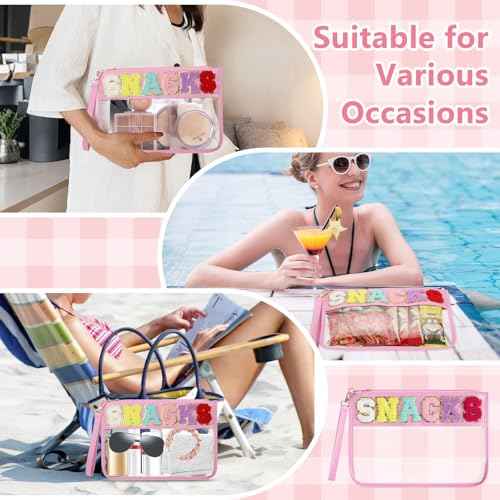 Clear Snack Bag for Travel, Chenille Letter Clear Zipper Snacks Pouch Nylon Cosmetic Bag Makeup Travel Bag for Women