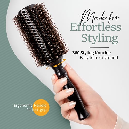 Boar Bristle Round Brush for Blow Out Set by Belula. Round Hair Brush For Blow Drying. Small 2” Wooden Barrel. Hairbrush Ideal to Add Volume and Body. Free 3 x Hair Clips & Travel Bag