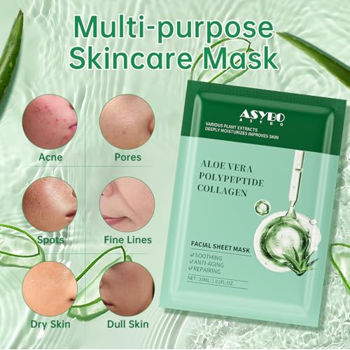 Pack of 20 Collagen Face Mask, Aloe Vera Polypeptide Collagen Facial Masks Skincare, Moisturizing Facial Sheet Mask for Acne, After Sun, Claming, Anti-Aging and Anti-Wrinkle