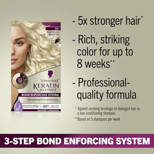 Schwarzkopf Keratin Blonde Hair Dye, 001 High Lift Platinum Blonde, Professional Quality Permanent Hair Color, Bond Enforcing System, Pre-Color Serum & Purple Conditioner Included