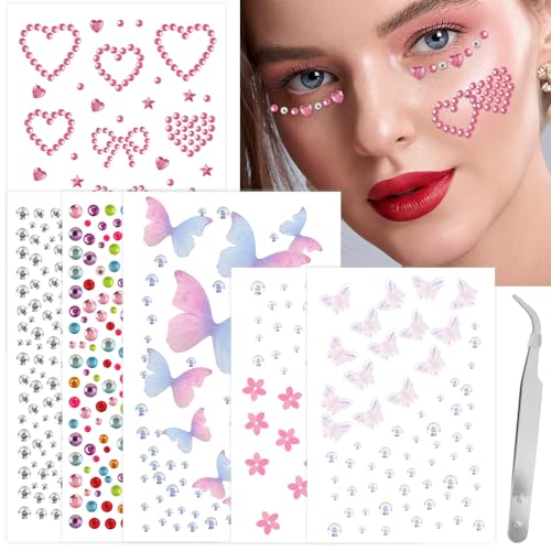 Self-Adhesive Face Gems Rhinestones Stickers - 6 Sheets