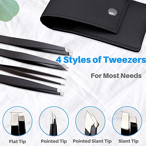 Kalevel Precision Tweezers Set Stainless Steel Tweezer Set Professional Tweezers for Women Eyebrows Ingrown Hair with Leather Case (Black)