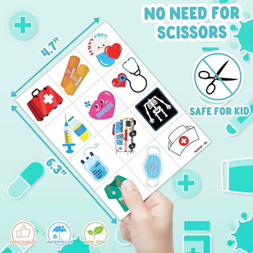 96 PCS Happy Nurses Day Nursing Nurse Pre-Cut Temporary Tattoos for Kids | Super Cute Themed Birthday Party Favors, Supplies, Decorations, Fake Tattoo Stickers, School Rewards Gifts & Boys & Girls