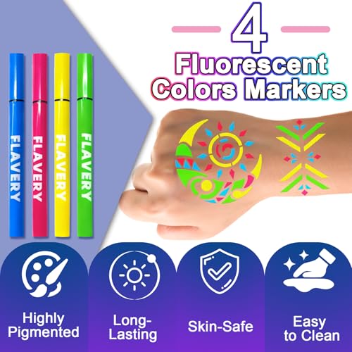 Glow in the Dark UV Neon Face & Body Markers with Stencils for Parties