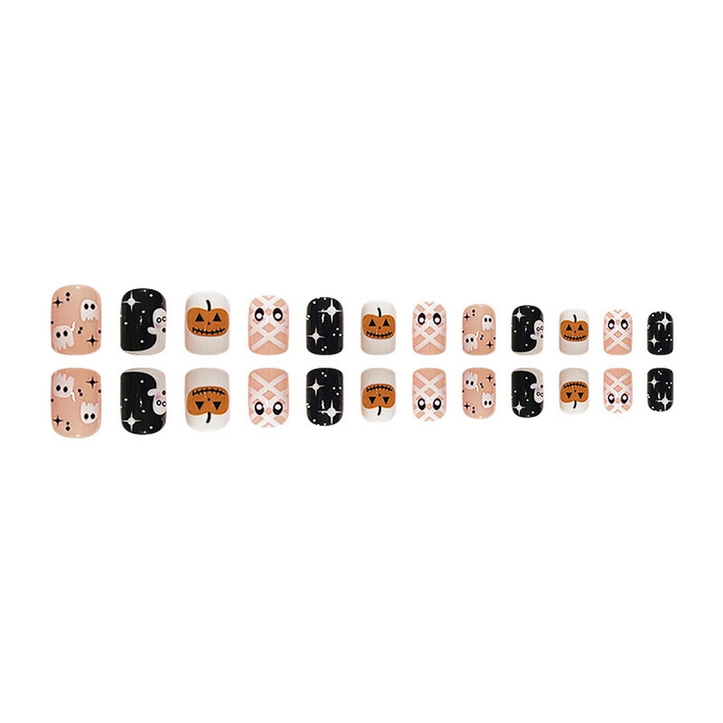 Halloween Press on Nails Short Square Fake Nails with Glue Cute Eye Stars Ghost Pumpkin False Nails Coffin Nail Tips Acrylic Artificial Glue Stick on Nails for Women Party Gift24pcs