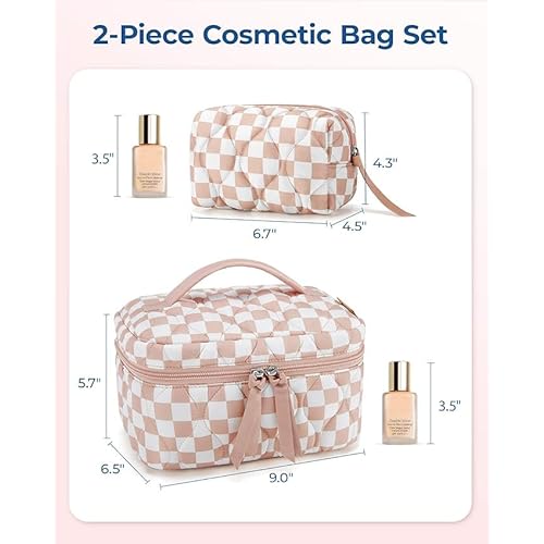 BAGSMART Travel Makeup Bag, 2-Piece Puffy Quilted Cute Make Up Bag Cosmetic Bags for Women, Large Wide-Open Toiletry Pouch Gifts for Toiletries Accessories Travelling Essentials, Checkered Khaki